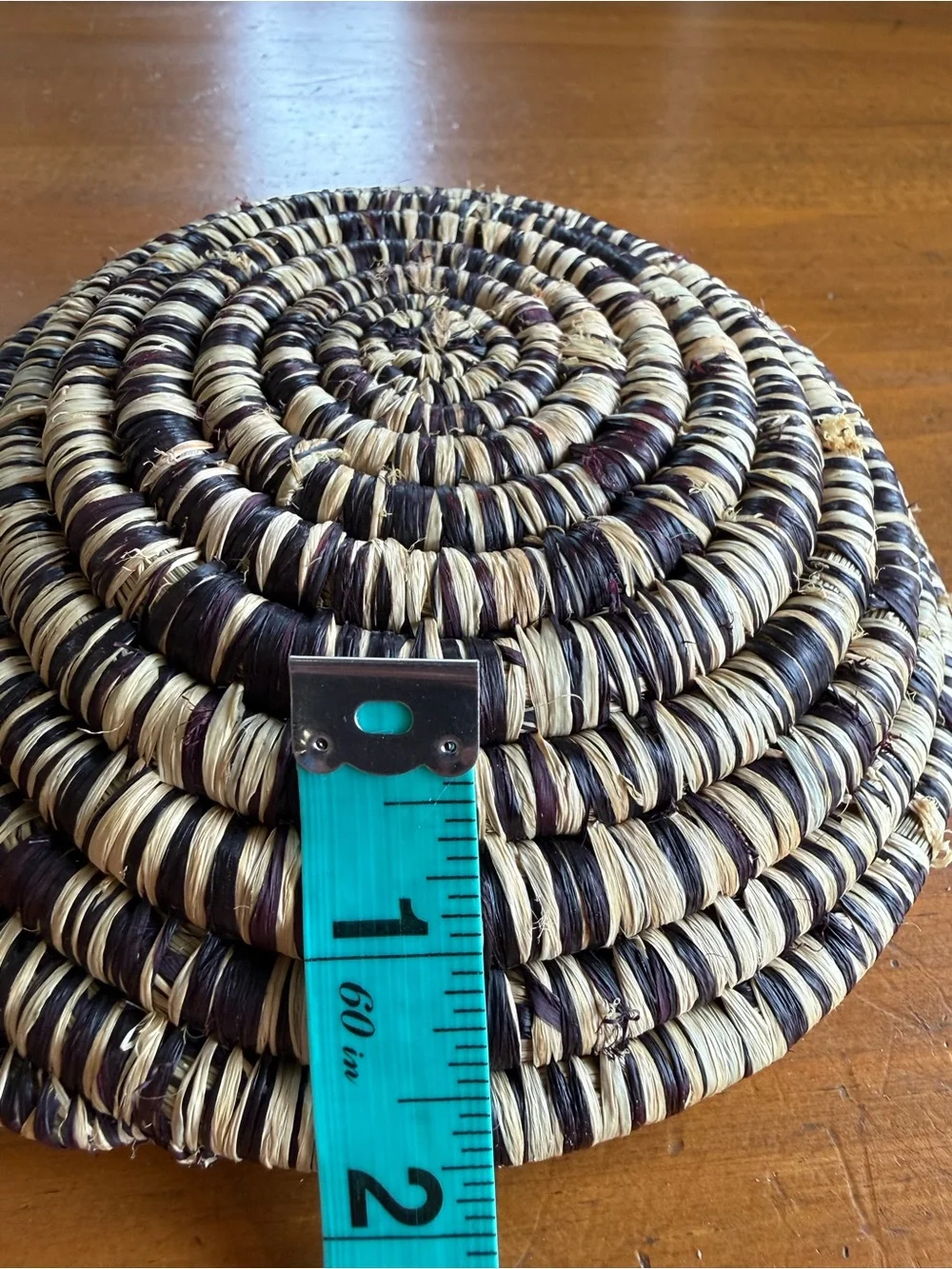 Handwoven Coiled Raffia Basket Bowl Black Brown Natural Catchall Boho Decor 6.5”